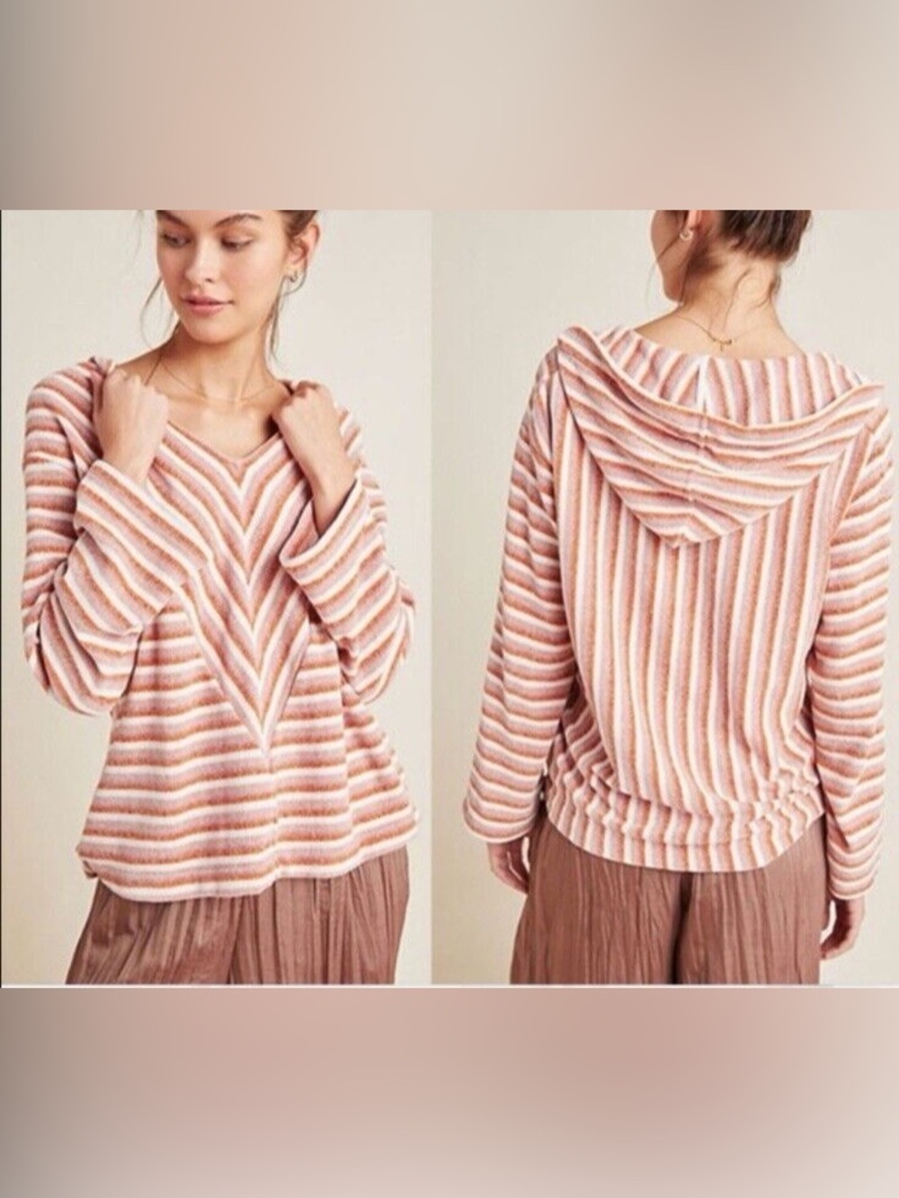 Anthropologie Saturday Sunday Chenille Hoodie Sweater Pink Cream Striped V-Neck